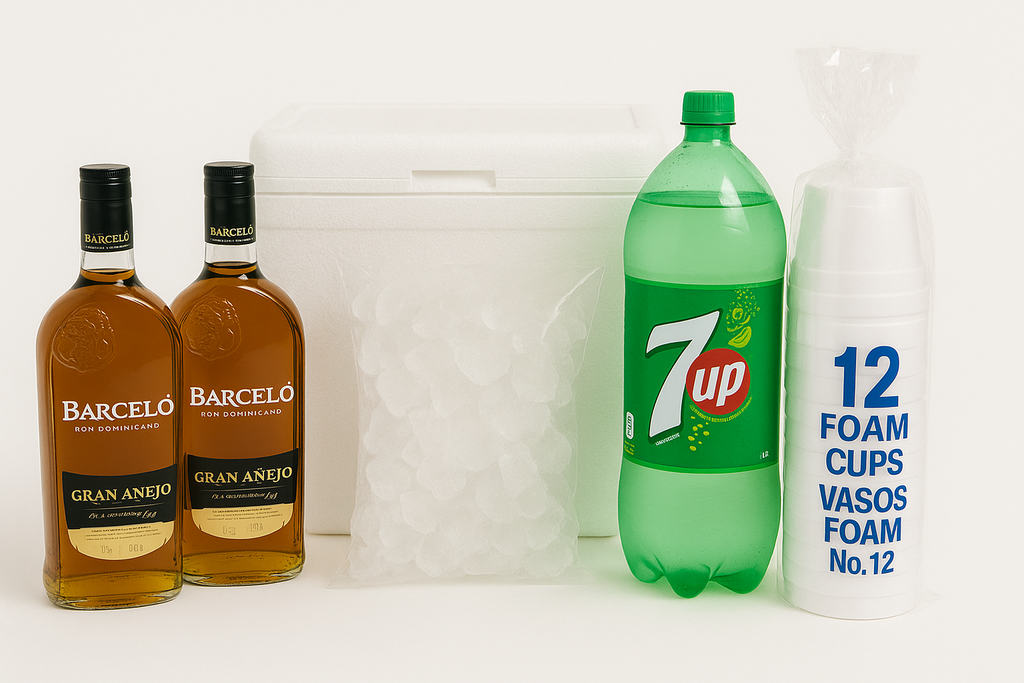 1 Uds Barcelo Gran Añejo 1750Ml + Nevera Foam 10Lt + Hielo + Seven Up 2LT + 1/2 Paq Vasos Foam no.12 