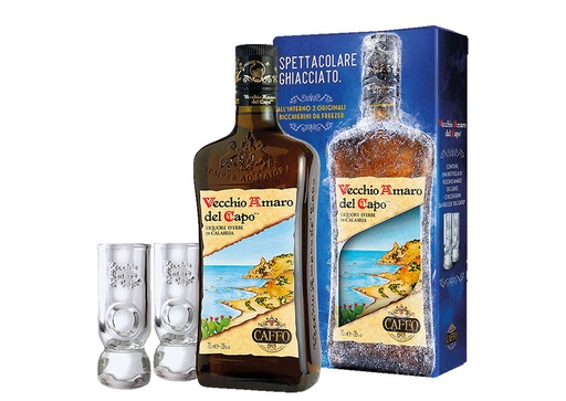 Estuche Vecchio Amaro Del Capo 1 BOTELLA + 2 Copa